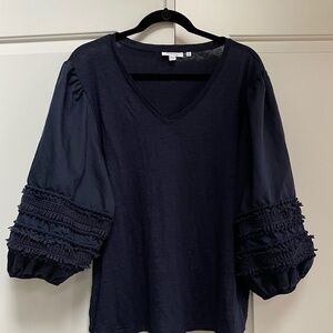 Chico's Navy 100% Linen Body Cotton Balloon Sleeve V Neck Tee Shirt Casual Work